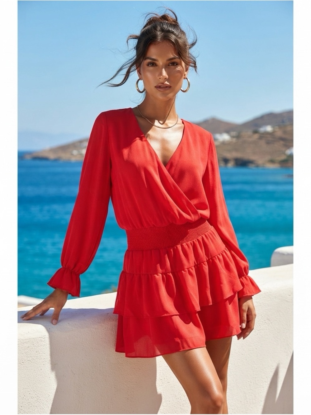 Krisa Revolved Coral Smocked-Waist Tiered V-Neck Mini Dress - Women